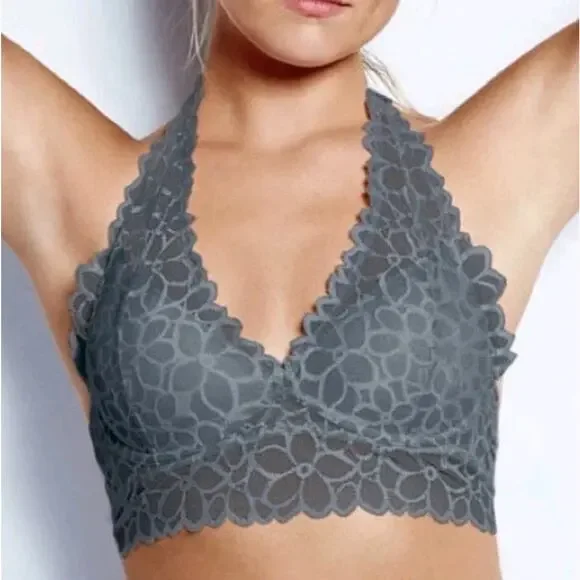 Pink Victorias Secret Bralette Halter Lace Solid Gray Underwire Sz M Cup A-C - Picture 2 of 8